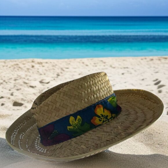 STRAW HAT OSFA Wide Brim Straw Hat Made in Mexico Tropical Band - Picture 2 of 5